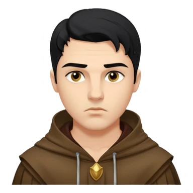 A handsome man with fair complexion. masculine, roman, slightly crooked nose. Thick triangular eyebrows. Hooded eyes and black pupils.  pouty lips with a heavy top lid.  thick black hair  80/20 part with an undercut.  sticker