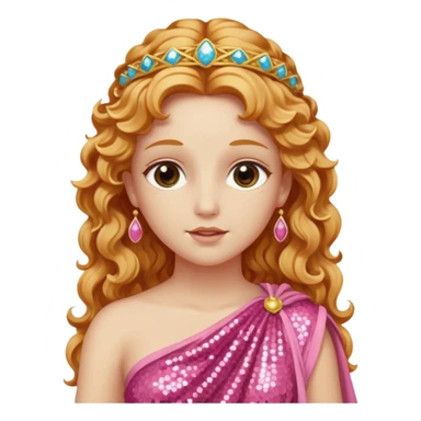 Venus, Goddess of Love from Roman Deities with long strawberry blonde wavy hair, pink sequin toga sticker