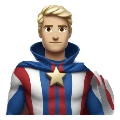Emoji of Homelander from ‘The Boys’ series. USA flag-inspired costume with cape (red, blue, white). Confident, slightly menacing expression. sticker
