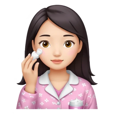 angelic asian girl doing skin care in pink pajamas, applying cream to her face sticker
