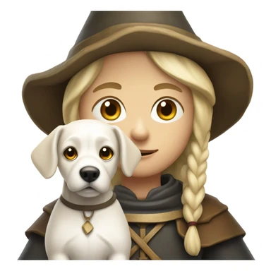 young medieval pilgrim with hat and blond hair and white little dog sticker