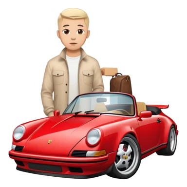 one entrepreneur with a mid fade hair style standing near his Porsche 911. the body of the guy is fully visible. the car is red and is the latest model of 911 sticker