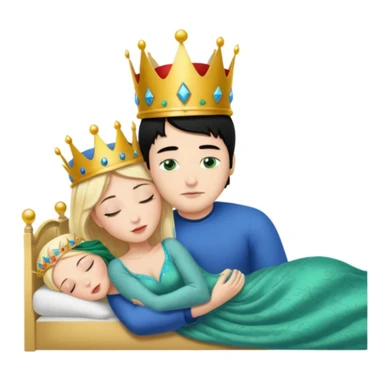 Blonde Queen with crown, Green eyes, naked, kissing man, naked, no crown, black hair, blue eyes, whole Body, Background sleeping room  sticker