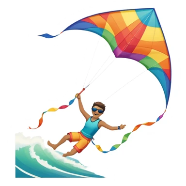 A person soaring through the sky while holding onto a colorful kite on a windy beach. The kite is catching the wind, and the backdrop features waves crashing on the shore, capturing the excitement and freedom of kitesurfing. sticker