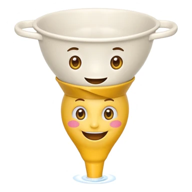 Crazy laughing emoji on upside-down kitchen funnel on its head (not a hat), wide smile, big eyes, cartoon emoji style, bright colors. sticker