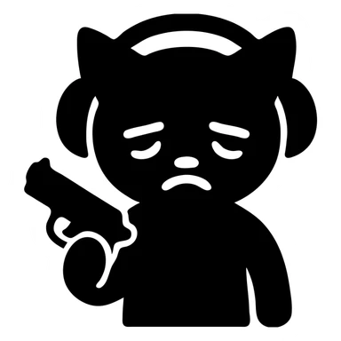tired sad cat with a gun in hand and headphones, solid filled icon sticker