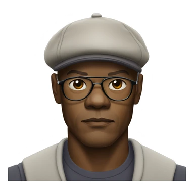 bald samuel l jackson serious wearing shirt and backwards Kangol sticker