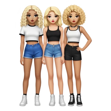 Full body of two teenage girls standing together, one white with straight blonde hair and one brown-skinned with curly black hair, both with heavy makeup, big lips, crop tops and choni style clothing sticker