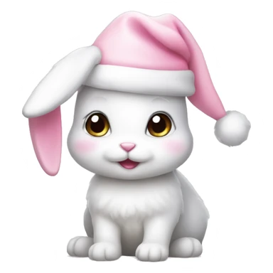 A white little cute bunny wearing a little cute pastel pink Christmas hat sticker