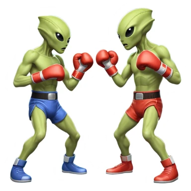 two aliens boxing in a fight stance, facing each other with raised gloves, dynamic action pose, intense expressions, sci-fi arena vibe, 3D cartoon style, mobile game icon style, clean background, no text, no watermark
 sticker