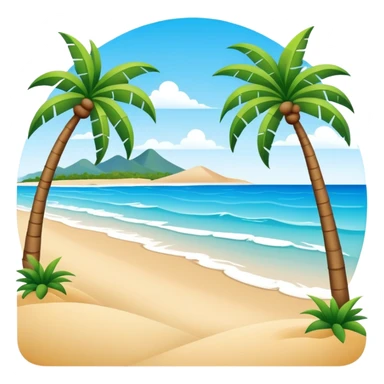 Sanya tropical beach Hainan Island with palm trees, simplified emoji style with bold outlines and bright colors, cartoon style beach with blue water sticker