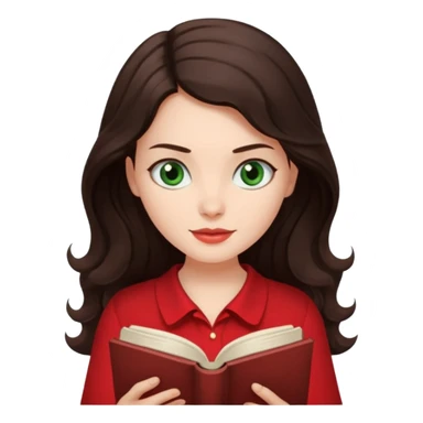 Long wavy dark brown haired, white skinned, dark green eyed girl in red blouse reading a book with a white background  sticker