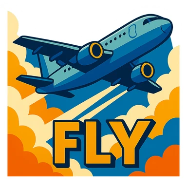 airplane flying high in the sky, emphasize scale and altitude, vibrant toon style, with the word FLY sticker