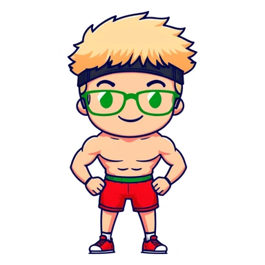 Skinny man with black and white cap, thin bare torso, red shorts, clear glasses, messy light blond mullet hairstyle, smiling and attempting to flex nonexistent muscles sticker
