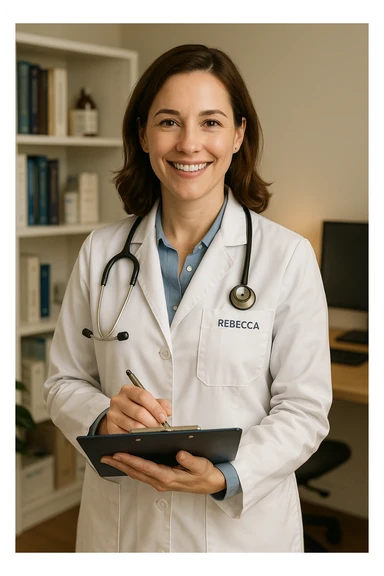 A woman doctor named Rebecca, holding a clipboard, smiling, medical office background sticker