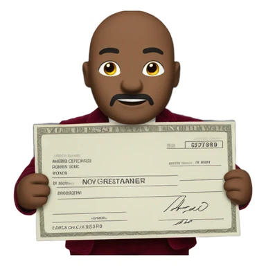 fat guy in dark red velvet suit holding cheque sticker