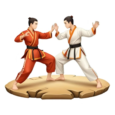Two martial artists in traditional Wushu attire, performing elegant, fluid moves. The background shows a peaceful, scenic landscape with mountains and bamboo trees, symbolizing the balance of power and grace in Wushu.  sticker