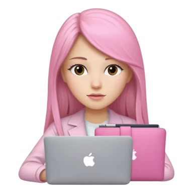 Mujer lacia peli larga y peli larga  en una MacBook rosa investigando y haciendo tareas con un libro de apuntes y con cara muy linda como modelo sticker