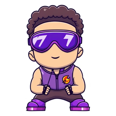 close-up of bad guy male athlete with white skin and moderately curly dark brown hair on top with shaved sides, wearing ski goggles with purple frames and very dark black lenses, a simple plain black chain necklace, and a completely unzipped sleeveless vest with purple and black sequin fire pattern design with no logo, with an extremely arrogant expression sticking his tongue out mockingly, looking menacing and villainous sticker