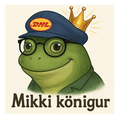 Create a realistic and playful DHL Express royal frog based on the reference image of a green frog with glasses and a DHL hat. Add a crown on the frog's head and include the text 'Mikki kongur' in a friendly font. Maintain a realistic and playful style. sticker