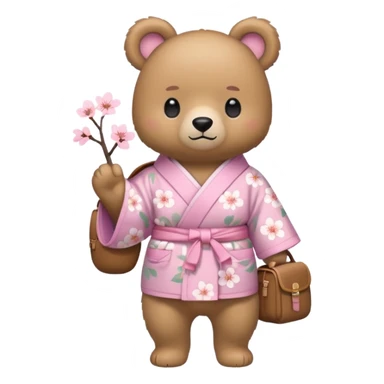 A cute light-brown bear wearing a pastel pink sakura-patterned kimono, normal balanced body ratio.  
Wearing a small backpack on the back, one paw holding the strap, ready to go outside.  
Kawaii emoji style, minimalistic clean sticker illustration, white background. sticker