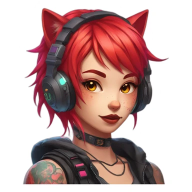 Anime cat gamer girl cyberpunk neon red hair tattoo sticker