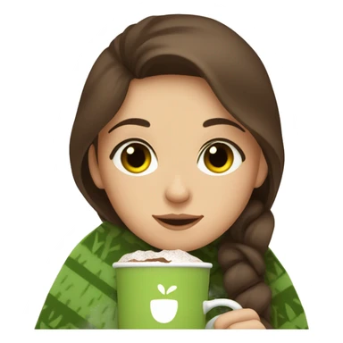 Brown hair Girl drinking chocolate, with a cozy blanket, green eyes sticker