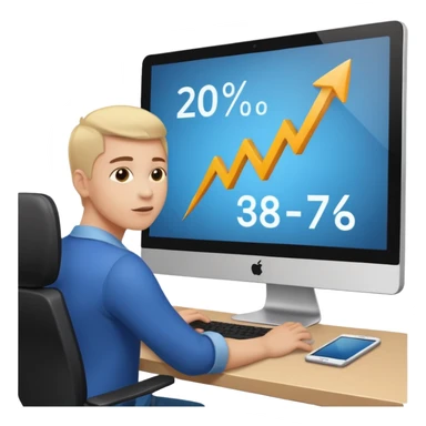 A person sitting at a desk working and looking at a computer with upward arrows and percentage signs, suggesting digital sales, marketing, or outreach. sticker
