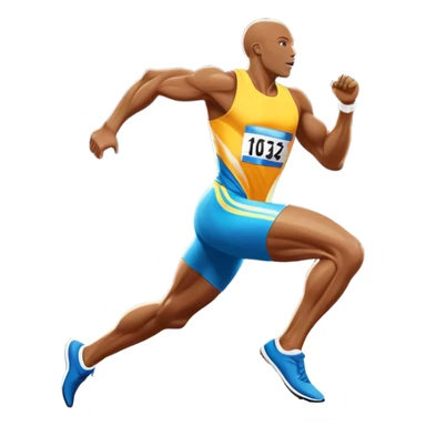 An icon depicting a sprinter in mid-run on a track, muscles tense with speed. The background shows a vibrant stadium filled with cheering fans, bright lights illuminating the track, and a clear sky above. The energy of the race and the thrill of competition are captured in motion.  sticker