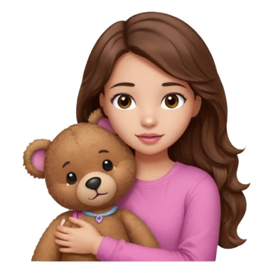 girl with long wavy brown hair, brown eyes, light to medium complexion, in a pink shirt, pink lips, long lashes, hugging a teddy bear sticker