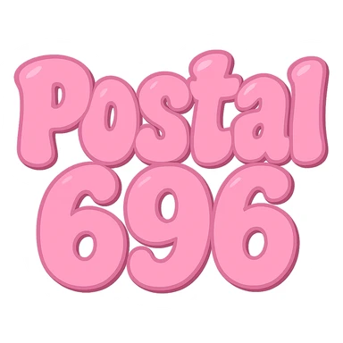 Change the font color to pink for 'Postal 696', keeping the extra puffy bubble letter style, whimsical and lighthearted, with a transparent background. Maintain the playful and bubbly appearance of the letters. sticker