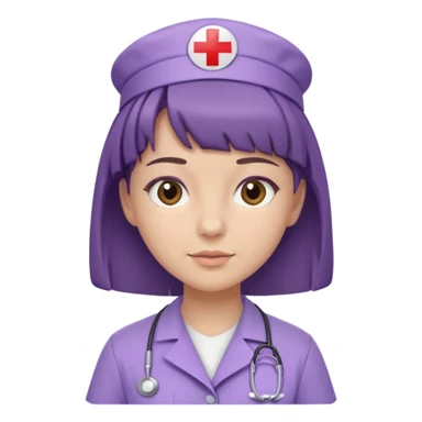 A young female slim nurse with short brown hair with fringe over her forehead, wearing larvendar purple working cloth sticker