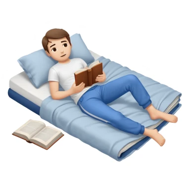 bed with a wrinkled blanket, the pillow out of place on the floor. t-shirt, pants, and an open book on the floor. sticker