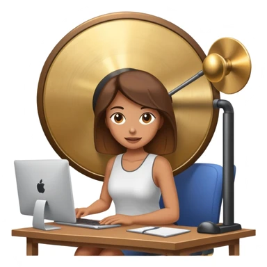 Woman in her work-from-home office on her computer with a huge gong in her office  sticker