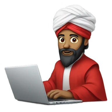 A caliph with turban and red clothes writing in a laptop sticker
