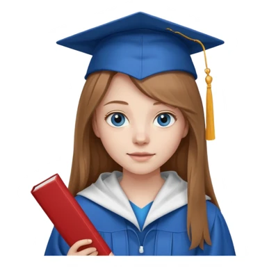 light brown haired girl with long hair, blue eyes, pale skin, wearing graduation regalia with white hood, holding diploma sticker