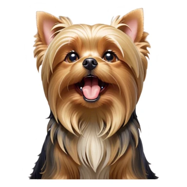Cinematic Cute Yawning Yorkshire Terrier Portrait Emoji, Head tilted with a playful, drowsy expression and droopy, adorable eyes, featuring a soft, well-groomed fur in rich hues, simplified yet irresistibly endearing, highly detailed, glowing with a warm, cozy radiance, high shine, exuding a relaxed yet spunky charm, styled with a gentle, soft glowing outline, capturing the essence of a Yorkshire Terrier mid-yawn that seems as if it could cuddle right off the screen! sticker