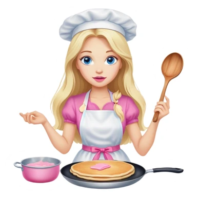 Cinematic realistic beautiful blonde with long hair, blue eyes and pink lips in a white dress cooks pancakes sticker