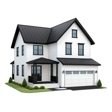 modern farmhouse with white siding, black roof and black trim, exterior view, 3d sticker
