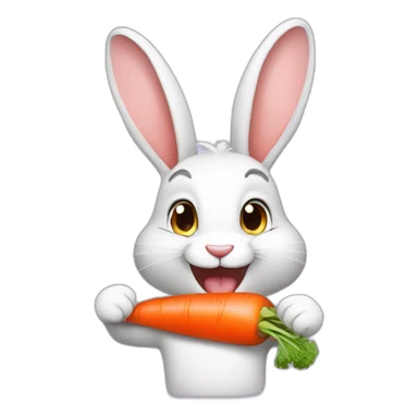A happy rabbit wearing a t-shirt eats a carrot sticker