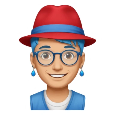 unique looking tourist with big unique red tourist fedora and earrings, man with lots of tattoes and spectacles, blue hair showing sticker