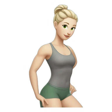 Pale skinned fit woman In a gray tight yoga suit With ash blonde hair in a ponytail and green eyes doing yoga sticker