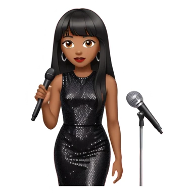 Medium toned black woman with a black sequined dress and long straight hair with a bang talking to interviewer on red carpet with a microphone sticker