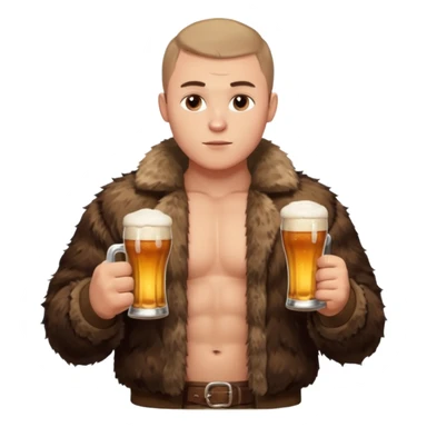 „A strong Russian young man with a buzz cut, muscular build, wearing a bear fur coat, holding a beer in one hand, confident expression, snowy background, Slavic aesthetics sticker