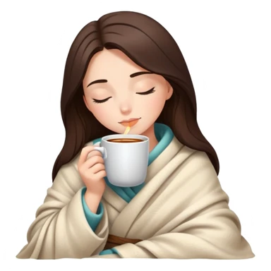 Brunette girl wrapped in cozy blanket sipping hot coffee with eyes closed sticker