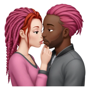 Mulher ruiva, pele branca, roupinha rosa, beijando um homem negro, com dreads nos cabelos e roupa cinza sticker