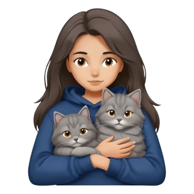 Brunette girl with dark blue sweatshirt snuggling a fluffy grey Siberian cat, cute cartoon style sticker