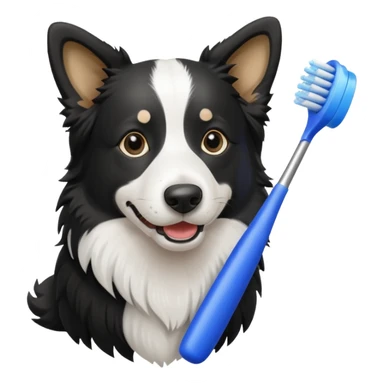border collie black and white holding a blue toothbrush sticker