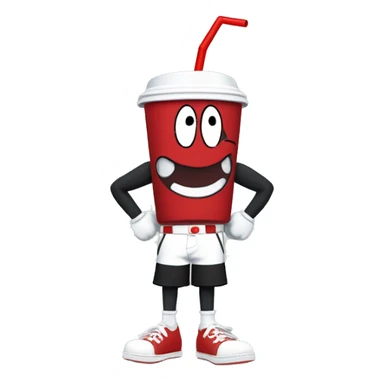 The character made from MDR studios called Cuphead.He has a cup for a head and a red and white straw on top.Black torso and arms .his hands are white.He wears red shorts and he has black legs.And his shoes are white. sticker