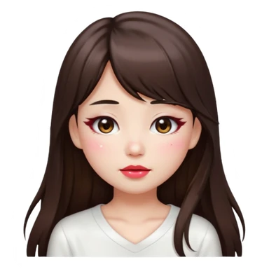 “japanese style Emoji brunette girl long hair with side bangs white top, dewy skin, heavy blush across cheeks and nose bridge, glossy cherry lips, soft eyeliner, teary sparkling eyes sticker